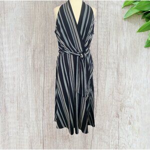 Leslie Fay VTG Dress Black/White/Gray Striped Tie Belt Fit & Flare Size 14